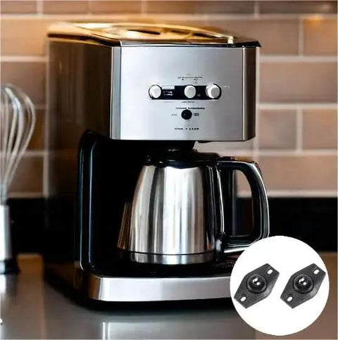 Coffee maker on counter with 16 Piece Self Adhesive Caster Wheels For Kitchen Appliances And Small Storage Boxes Black shown inset