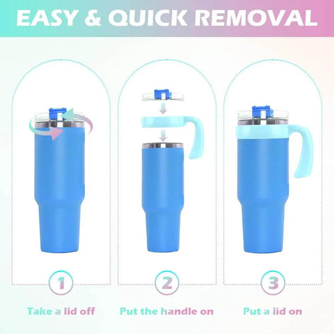 Image showing steps to attach the 20 Oz Tumbler Handle With Anti Slip Grip, light blue, to a travel mug.