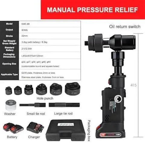 Rechargeable Hydraulic Hole Punch Kit With 80KN Capacity 6 Die Set and 2 Batteries shown with components and LED display