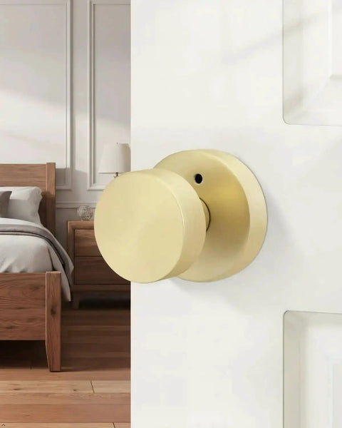 Brushed Gold Privacy Door Knobs Set, Heavy Duty Zinc Alloy Interior Door Knobs For Bedroom And Bathroom, installed view on white door