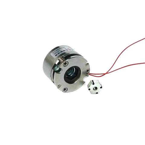 Micro galvanic electromagnetic brake with metal housing and red wiring, front view