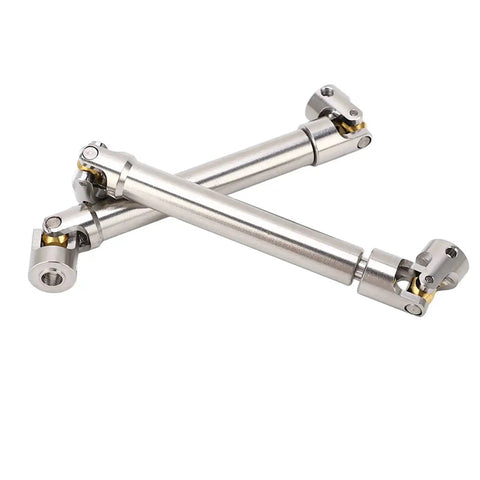 Two Pack Stainless Steel M4 RC Drive Shafts For One Tenth Scale Crawler Upgrades shown with brass ball joints, spline design, 113mm length