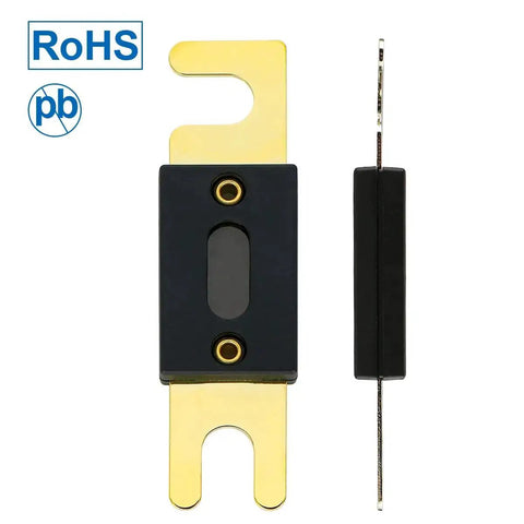 Front and side view of 100 Amp ANL Fuse Holder Kit With Fuse And Gold Plated Terminals For Car Audio And Amplifiers 12V And 24V DC Systems