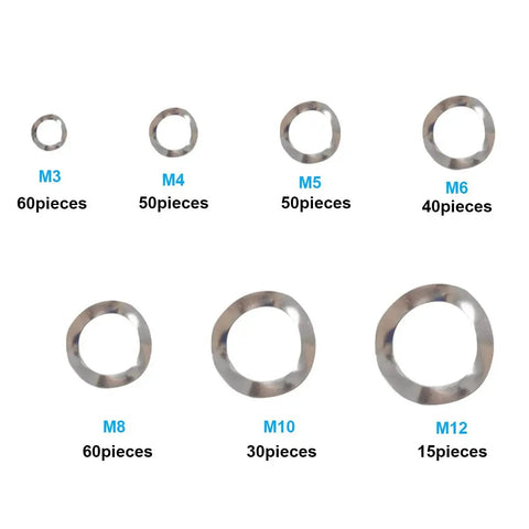 295 Pcs 304 Stainless Steel Spring Wave Washer Set With 7 Sizes M3 M4 M5 M6 M8 M10 M12 shown with quantity.