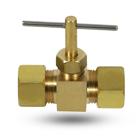 1 Quarter Inch Compression Straight Needle Valve Brass Lead Free, One Piece Body with Needle Shaped Handle, Front View