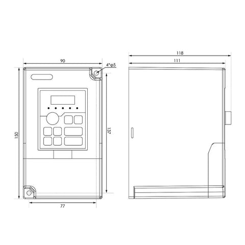 Technical drawing of 1.5KW 110V VFD Inverter With 0 to 1000 Hz Output 1 Phase In 3 Phase Out Industrial Grade Variable Frequency Drive