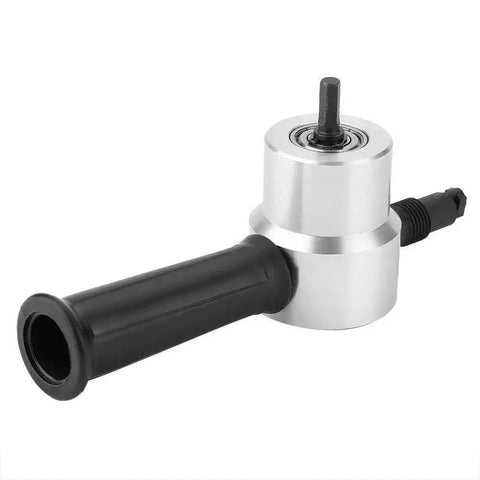 Double Head Sheet Metal Nibbler Cutter For Drill Attachment, Electric Metal Shears, shown with black and silver adjustable cutting heads