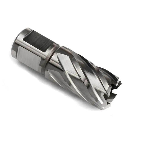 Side view of Ultra Fast Thirteen Sixteenth Inch Annular Cutter For Magnetic Drill Press With One Inch Cutting Depth And Three Quarter Inch Weldon Shank Two Flats Pilot Pin And Dual Teeth Thin Walled Design For Big Holes OSCARBIDE.