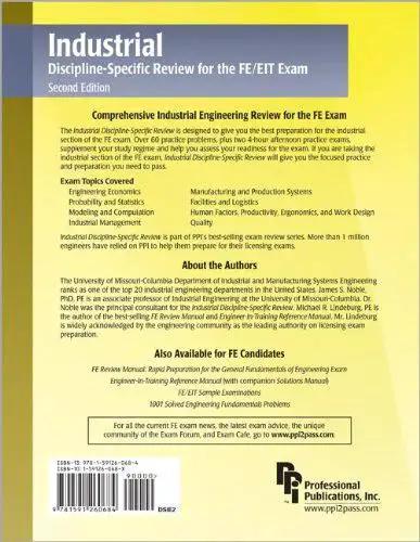 Book: Industrial Discipline-Specific Review for the FE/EIT Exam, 2nd Edition, blue cover with yellow border.