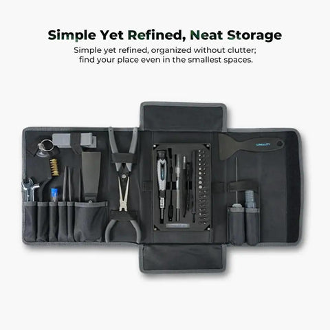 Ultimate 74 Piece 3D Printer Tools Kit For Disassembly Assembly Finishing Filament Cutting And Nozzle Cleaning For All FDM Printers Creality Compatible shown in foldable case with organized tools
