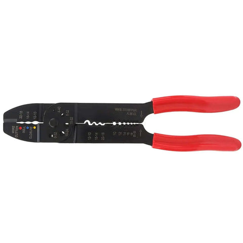 All In One Crimping Pliers Heavy Duty For Wire Terminals with red ergonomic grips and high carbon steel blades for electrical work.