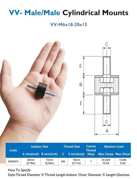 Hand holding M6 Rubber Vibration Isolator Mounts Double Stud Anti Vibration Silent Blocks with diagram and specifications.