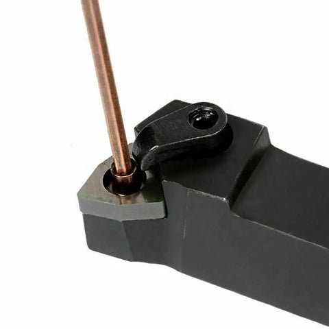 Close-up of 5/8 Inch CNC Lathe Tool Holder Bit Set With 2 WNMG080404 CBN-6 Inserts for High Speed Finishing, showing tool holder detail.