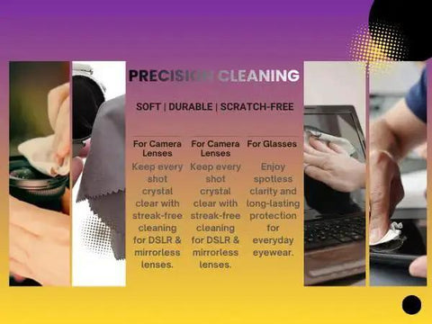 Promotional image showcasing microfiber lens cleaning cloth uses for cameras and glasses, highlighting their soft, durable, scratch-free quality.