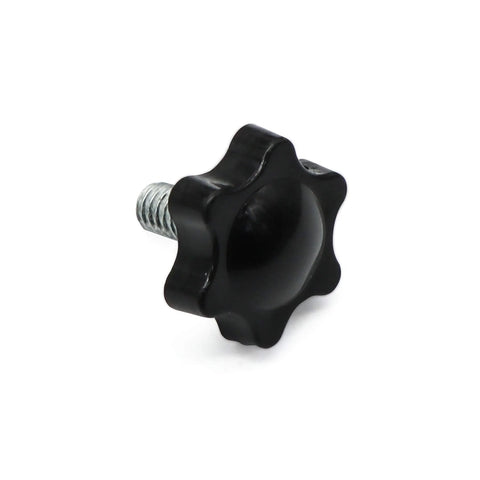 1/4-20 Threaded Knurled Thumb Nuts With Black Grip Knob Screws for Quick Hand Tightening, visible in close-up view.