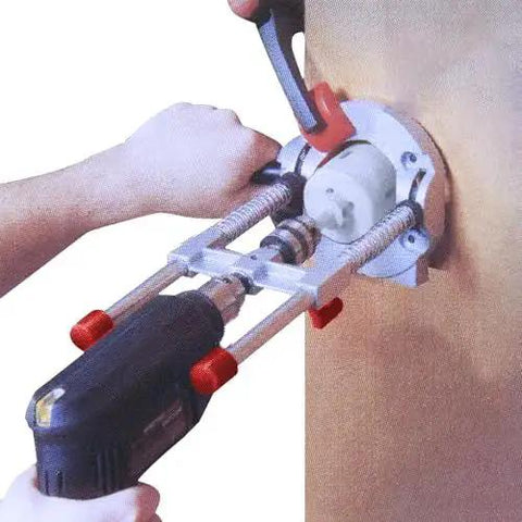 Multi Angled Drill Guide Attachment For On Site Drilling And Woodworking For One Quarter Inch And Three Eighths Inch Drills, used on wood surface