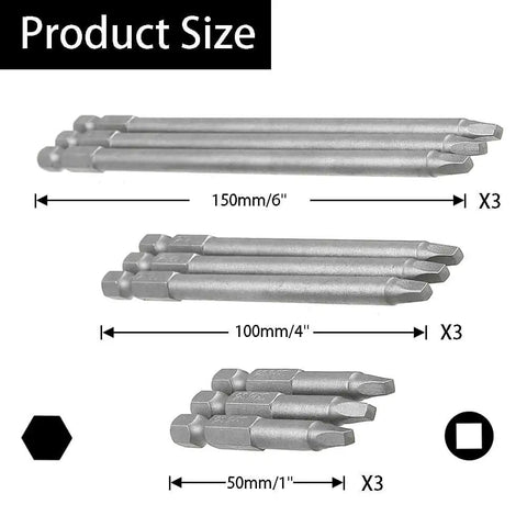 Nine Piece Square Head Screwdriver Bits Set With Quarter Inch Hex Shank Magnetic S2 Steel sizes 150mm, 100mm, 50mm