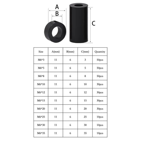 Diagram showing sizes of Black Nylon Round Spacers For M6 Screws No Thread Mixed Lengths 3mm to 35mm, 300 Pieces