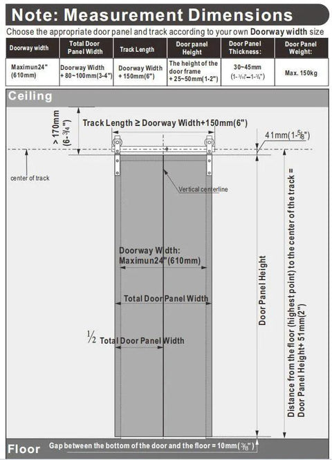 Bi-Folding Sliding Barn Door Hardware Kit For Two Doors measurement diagram with dimensions and installation guidelines.