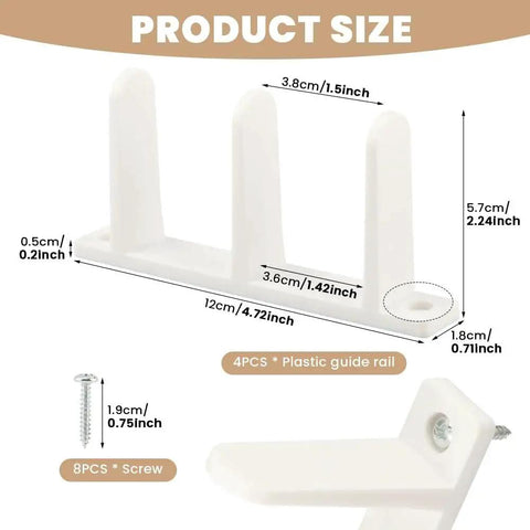 Diagram showing product dimensions for 4 Pack Universal Closet Door Floor Guide Kit For One Three Eighths Inch Thick Doors ABS Sliding Door Bottom Guide White Durable Plastic Rail System With Eight Screws For Easy Installation.