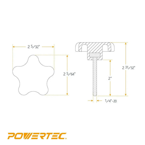 Technical diagram of Five Pack Thumb Knobs With Two Inch Threaded Studs For Tools And Jigs showing dimensions and design.