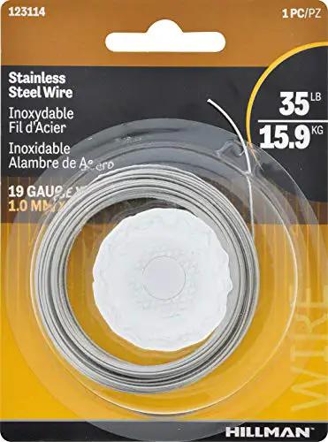 Heavy-Duty 19 Gauge Stainless Steel Wire, 30-Foot Display Pack By Hillman, showing wire roll and spinning hub.