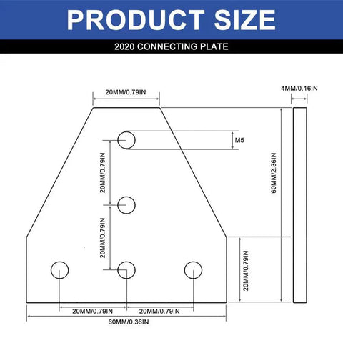 Technical drawing of 10 Pack 2020 T Plate Corner Bracket For 8020 Aluminum Extrusion T Slot Connector With dimensions and specifications