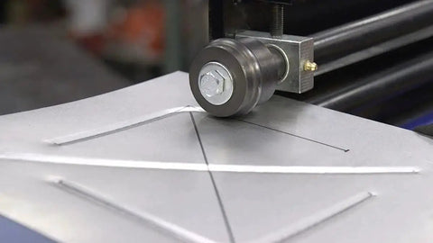 Close-up of Bead Roller with Dies for Metal Fabrication, forming 18 gauge sheet metal with 19 inch throat, industrial rotary forming machine