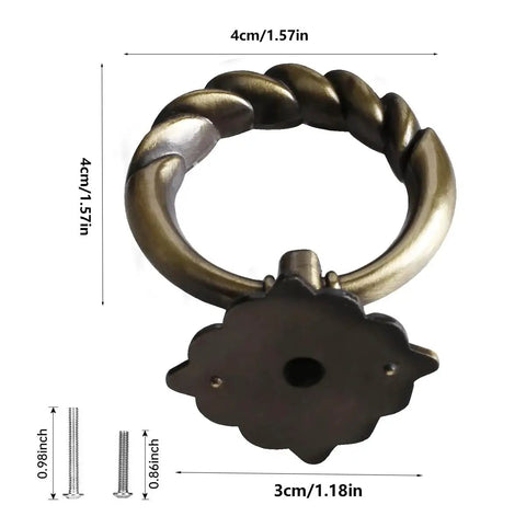 Retro Bronze Drop Ring Cabinet Pulls 12 Pack With Screws, Alloy Wardrobe Furniture Handles, close-up view with dimensions visible.