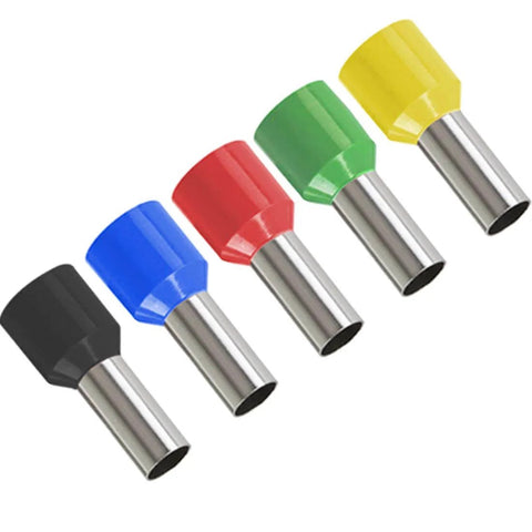 Front view of 70 Piece 4 Gauge Ferrule Connectors Set For Car Audio Power Cables Insulated End Terminals Black, Red, Green, Blue, Yellow.