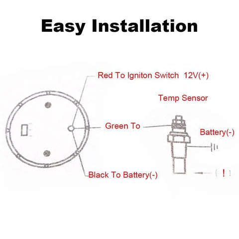 Easy installation diagram for 2 Inch Water Temperature Gauge 52mm Backlit Sensor For Car Truck Marine DC12V showing wiring setup.