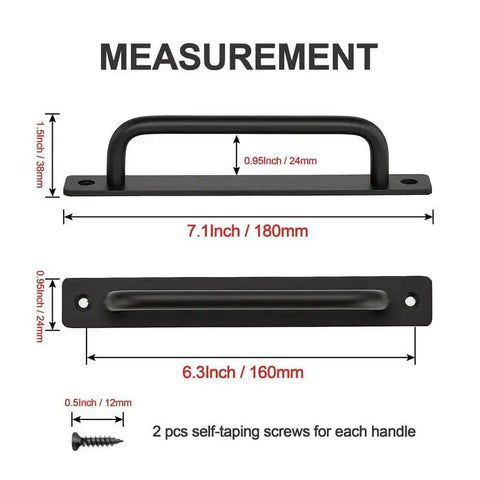 2 Pack Sliding Barn Door Handles Black Zinc Alloy Door Pulls With Plate 7.1 Inch Long 6.3 Inch Hole Center measurement guide
