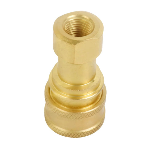 Brass 1/4 in NPTF hydraulic fitting nipple with knurled bottom ring, front view.