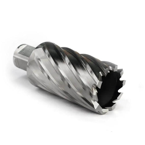 One And Three Eighths Inch Annular Cutter For Magnetic Drill Press With Two Inch Cutting Depth And Weldon Shank With Two Flats And Pilot Pin For Fast Large Hole Cutting Heavy Duty Mag Drill Bit Oscarbide, side view.