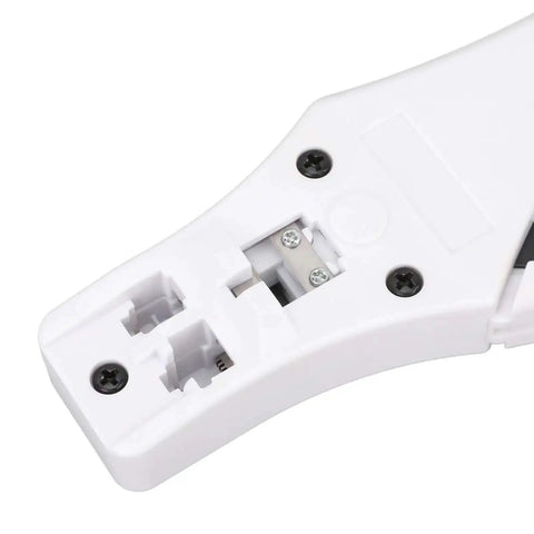 Close-up of All Day Pro Grade Crimping Tool showing 4P 6P 8P RJ45 connectors with premium blades for reliable network wiring