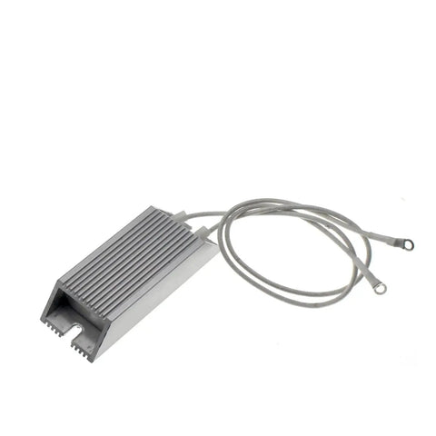 Side view of aluminum-cased RXLG servo braking resistor with ribbed heatsink and two ring-terminal leads