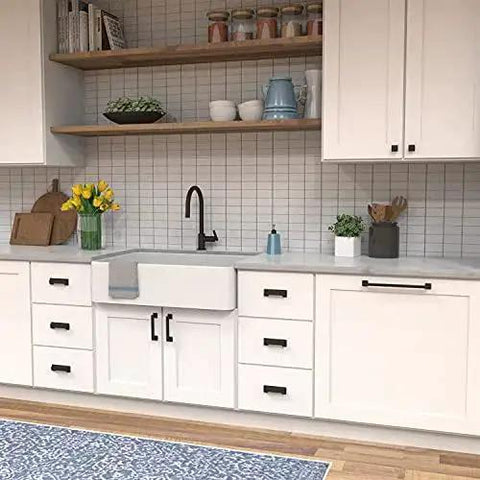 Studio Collection Cabinet Pull Three Inch Center To Center Oil Rubbed Bronze Highlighted Finish on white kitchen cabinets