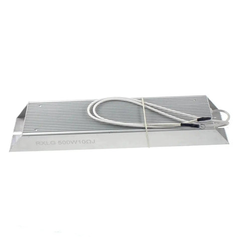 RXLG 500W aluminum resistor with finned heatsink and white leads, 10Ω