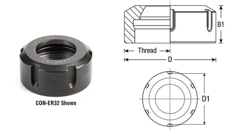 ER25 CNC collet nut with diagram showing specifications, used for milling machines, highlighting precision fit with tight tolerances.