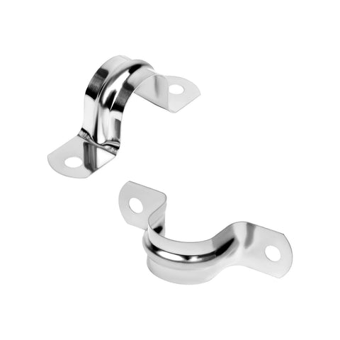 Pair of 1-inch stainless steel conduit clamps with two-hole U straps for pipe fixing