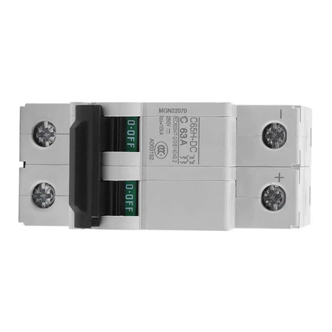 Front view of DC Two Pole Circuit Breaker 2P 250V 63A Din Rail Mounted Miniature Breaker for solar power systems.