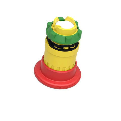 Emergency Stop Push Button Head 40mm Red Mushroom For Harmony X85 with mechanical latching, yellow base, side view