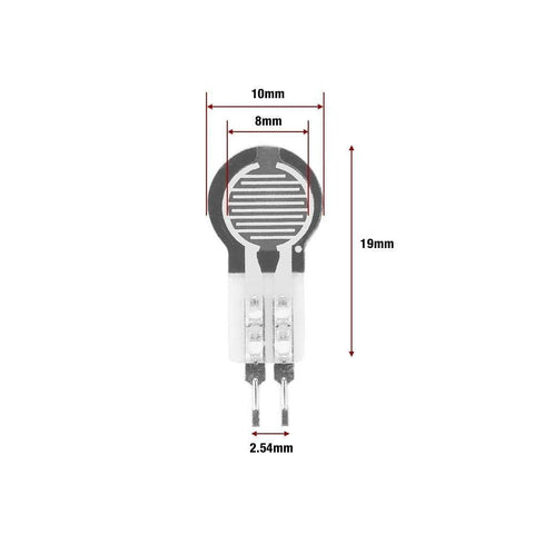 Amazon DF9-16 thin-film force sensing resistor, round 19mm disk, black/gray with grid, two 2.54mm pins.