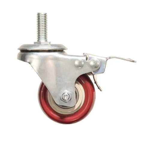 Side view of Heavy Duty Swivel Stem Castors With Red PU Wheels Double Locking Quiet Smooth Non Marking Floor Safe Load Capacity 800-1000 Lb
