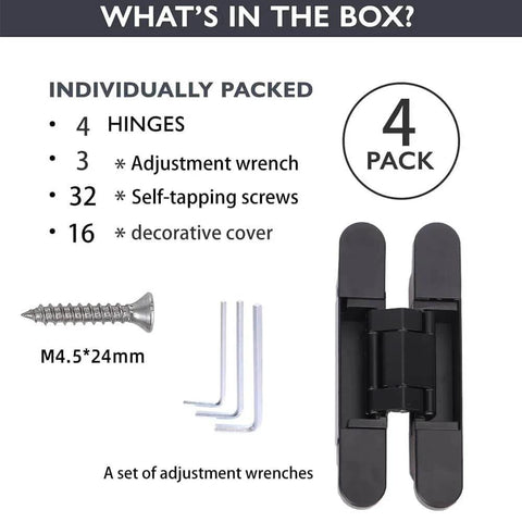 Hidden Door Hinges Heavy Duty Black Zinc Alloy 6 Inch By 2.5 Inch By 1 Inch Concealed Hinges 180 Degree Swing With 3 Way Adjustable Alignment Pins And Screws, contents include 4 hinges, wrenches, screws, and covers.