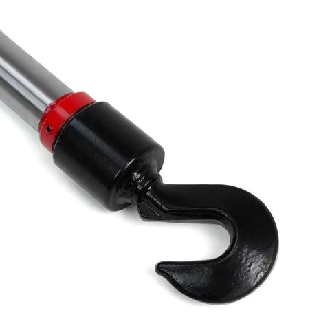 Close-up of 26 Inch Long 10 Ton Hydraulic Pull Back Ram For Porta Power Frame Machine With Rotating Hook, black metal hook visible.