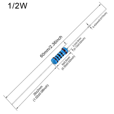 Angled view of blue metal-film resistor, 5.1kΩ, 1/2W, ±1% tolerance