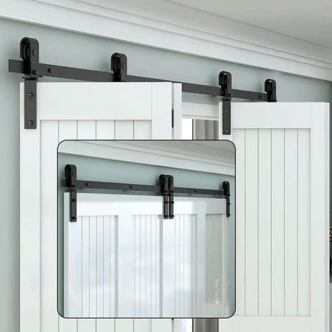Heavy Duty Bi Folding Barn Door Hardware Kit For Double Doors, Smooth And Quiet Sliding Track System In Matte Black installed