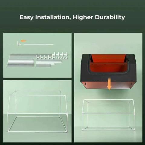 Assembly components for Laser Engraver Enclosure With Fireproof And Dustproof Protective Cover Built In Fan And Pipe For Most Laser Engravers 27.5x28.3x15.7In Reduces Smoke Odor Noise And Provides Eye Protection Creality