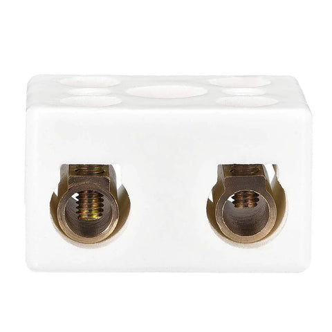 Front view: 2-way ceramic terminal block, white porcelain body with brass screw terminals for electrical wire connections.